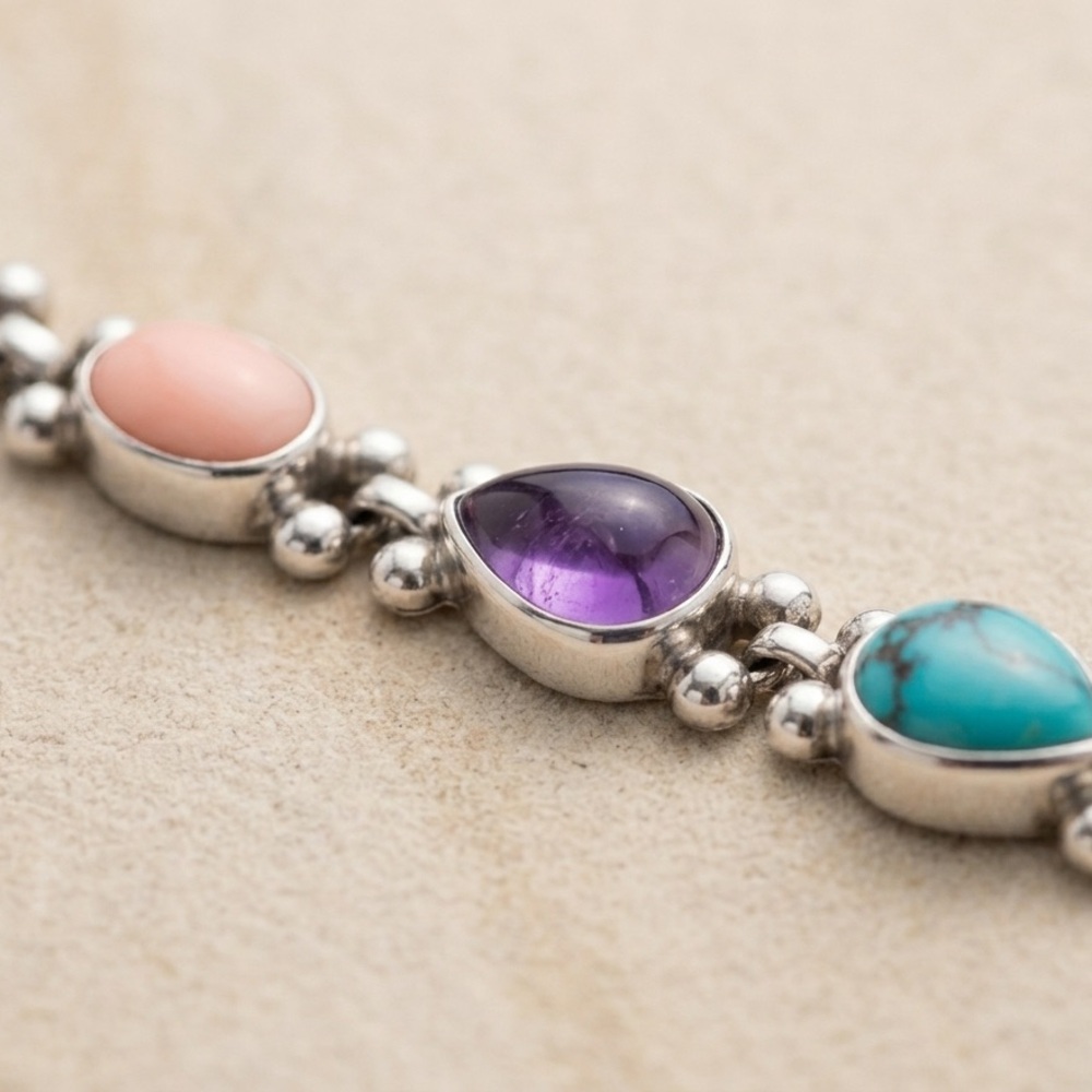 Sterling Silver SH Multi Stone Toggle Bracelet Turquoise Coral Amethyst Artisan - Picture 8 of 12